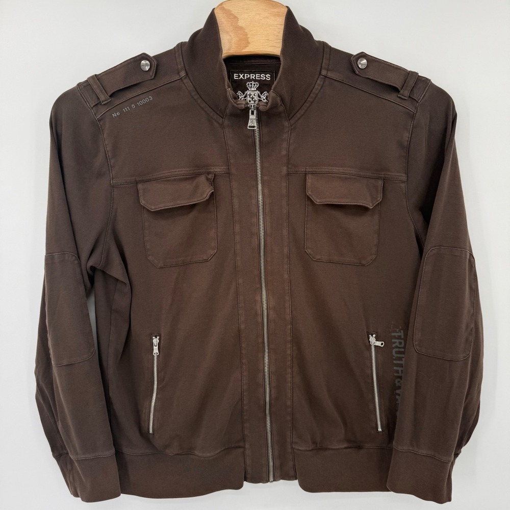 Express Jacket Mens XL Brown Military Utility Full Zip‎ Truth & Valor Epaulettes